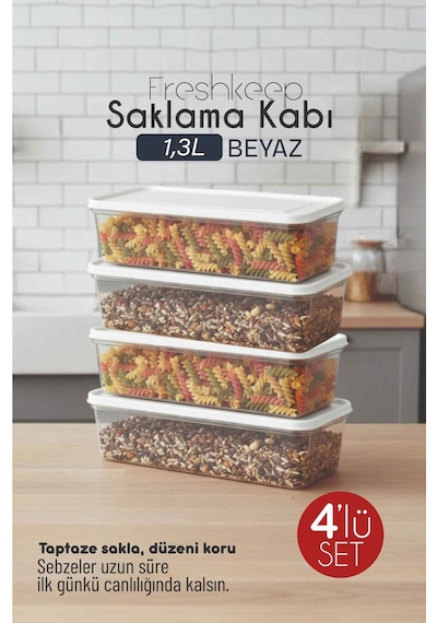 4'lü Saklama Kabı 1,3 Litre Derin Dondurucu Mikrodalga Uyumlu Ekru
