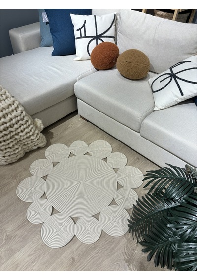 Mavaux Rhea Jüt Hasırlı El Örgüsü Kilim Halı Hasır Yuvarlak Krem