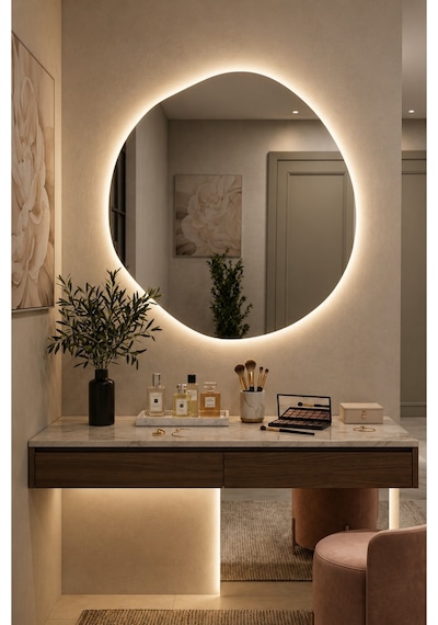 Arya Asimetrik Ledli Ayna Dokunmatik Modern Banyo Aynası Şık Tasarım Konsol Aynası Dekoratif Duvar Aynası Beyaz Günışığı Led 60 X 60
