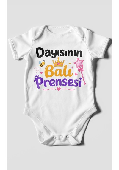 Morivokids Dayısının Ballı Prensesi Kısa Kollu Bebek Body %100 Pamuk Beyaz