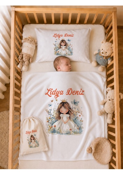 Pia Baby İsme Özel %100 Pamuk Kız Bebek Yastık Battaniyeli Tulum Set Kese Hediyeli 1078tybk0x Krem