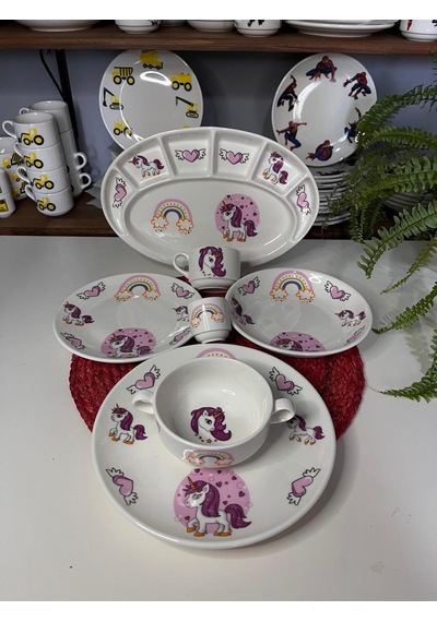 7 Parça Pembe Unicorn Model Çocuk Bebek Yemek Takımı Beslenme Seti Çok Renkli