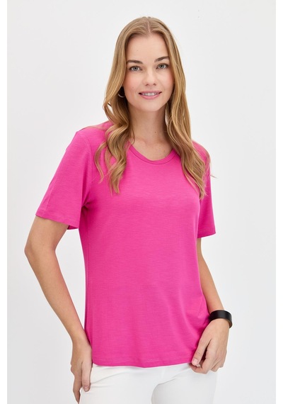 Kadın Sıfır Yaka Flamlı Kumaş Penye Tshirt Fuşya Fuşya