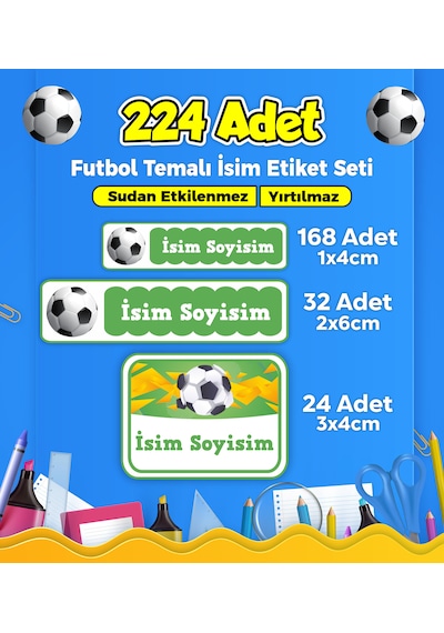 Futbol Temalı Okul Kreş Kişiye Özel İsim Etiket Seti - Model 34 Çok Renkli