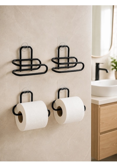 Duvara Yapışkanlı Wc Kağıtlık Siyah Metal 4 Adet Tuvalet Kağıdı Rulo Askısı Çok Renkli