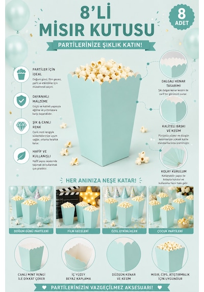 Mısır Kutusu Pop Corn Kutusu Su Yeşili 8'li Doğum Günü Parti Sinema Temalı Patlamış Mısır Kutusu
