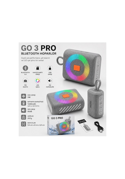 Go3 Pro 5w Bluetooth Speaker Rgb Led Işıklı Tws Özellikli Fm Radyo Sd Kart Usb Girişli Şarjlı Taşınabilir Hoparlör