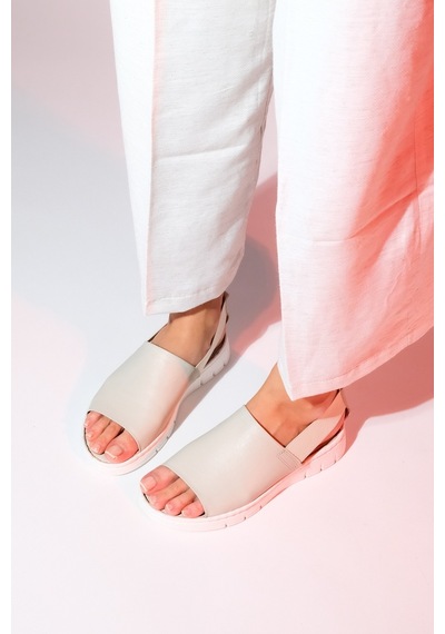 Luvishoes Londoi Bej Cilt Hakiki Deri Lastikli Kadın Sandalet Bej