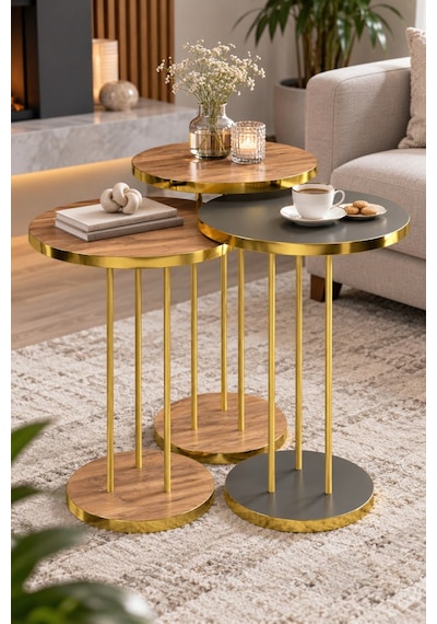 Sulorahome Ceviz Desenli Gold Ayaklı Yuvarlak 3'lü Zigon Sehpa Takımı Altın - Kahverengi