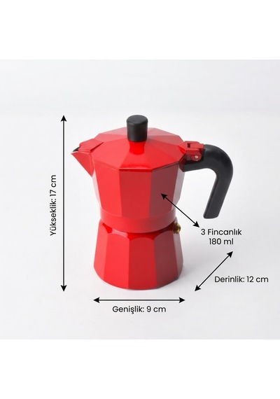 Kırmızı Moka Pot 3 Fincanlık, 180 Ml Alüminyum Espresso Demliği, Ocak Üstü Kahve Cezvesi, Gazlı Elektrikli Seramik Ocak Uyumlu, 9x12x17 Cm