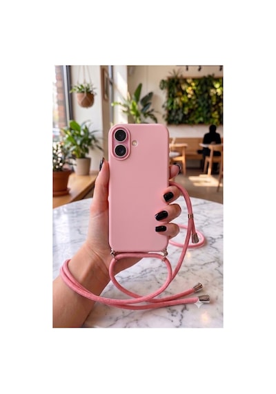 iPhone Uyumlu 17 Askılı Yumuşak Silikon İçi Kadife Telefon Kılıfı İp 130 Cm Pembe