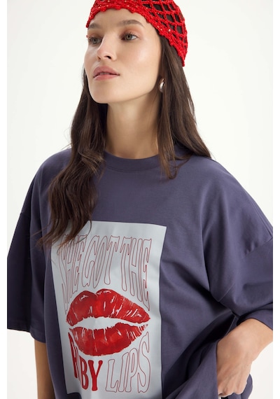 Mai Studios Co. Lip Print Oversize Füme T-shirt Füme