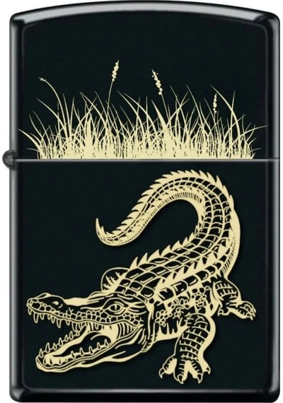 Timsah Sürüngen Sazlık Desenli Lazer Silinmez Resimli Benzinli Hediyelik Siyah Çakmak Siyah