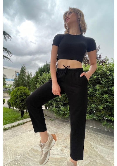 Rovebella Kristal Siyah Rahat Kesim Penye Pantolon