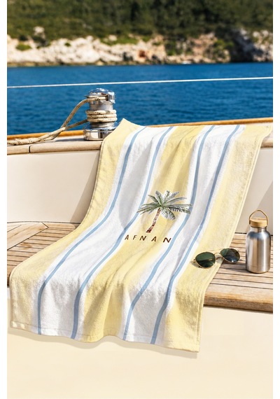 Palmiye Çizgili Tropikal Plaj Havlusu - Sarı Mavi Minimalist Marine Hızlı Kuruyan Mikrofiber Havlu Mat Leylak