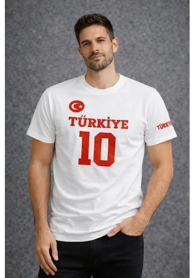 Veraura Lifestyle Erkek Türkiye Ay Yıldız Baskılı 10 Numara Forma Tişört Taraftar T-shirt - Beyaz