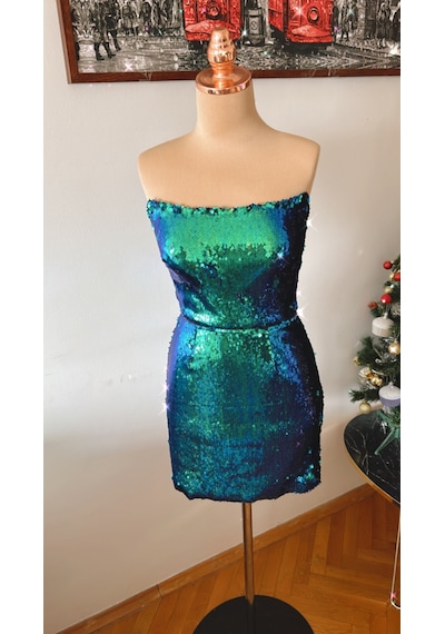 Chica Rosa Fashion Yeşil Pullu Straplez Mini Elbise Yeşil