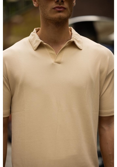 Glasses V Yaka Oversize Fitilli T-shirt - Bej Kahve