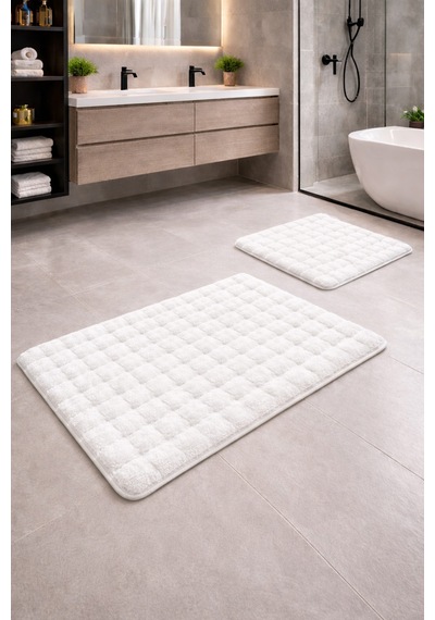 Buççin Online Mağaza Modern Bubble Yumuşak Banyo Klozet Takımı Yıkanabilir Kaymaz Tabanlı Polyester Kalın 12 Mm + Beyaz Çok Renkli
