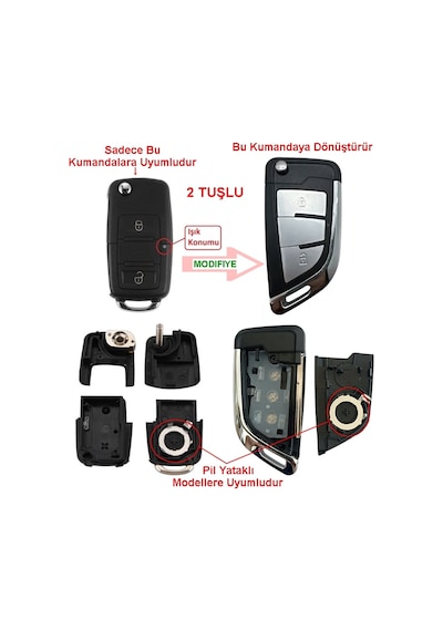 Vw Golf Polo Jetta Bora Passat Transporter 2 Tuşlu Dönüşüm Çevirici Anahtar Kumanda Kabı Oto Anahtar
