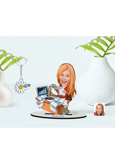 Kişiye Özel Kadın Bankacı Karikatürlü 3D Ahşap Biblo Ve Isimli Si