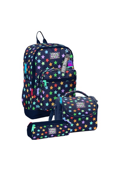 Coral High Kız Çocuk Lacivert Yıldız Desenli Üçlü İlkokul Okul Çanta Seti Setygn33209a Çok Renkli
