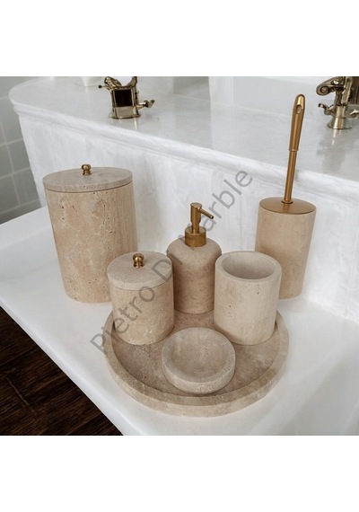 Sarı Traverten Klasik Model 7 Parça Mat Gold Renk Düğme Aksesuarlı Banyo Seti Sarı Traverten