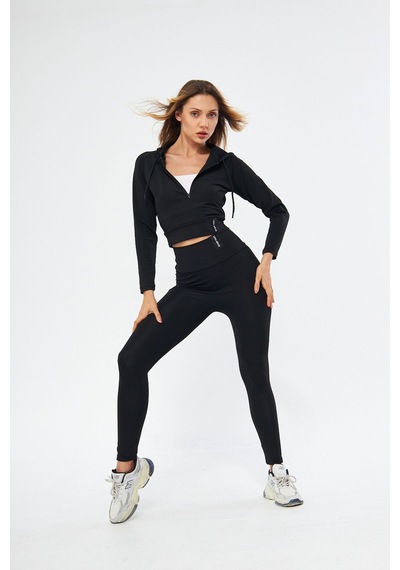 Lesa Wear Fitilli Kapüşonlu Içi Polarlı Yumuşacık Şardonlu Kaşkorse Crop Sweatshirt Hırka Siyah