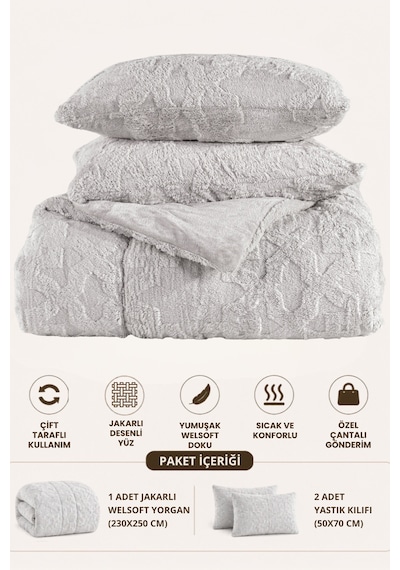 Vome Çantalı Jakarlı Çift Taraflı Wellsoft 230 X 250 Cm Battal Boy Yorgan Seti 1 Yorgan + 2 Yastık Kılıfı Yumuşak Dokulu Kabarık Kışlık Yorgan Çeyizlik Gri
