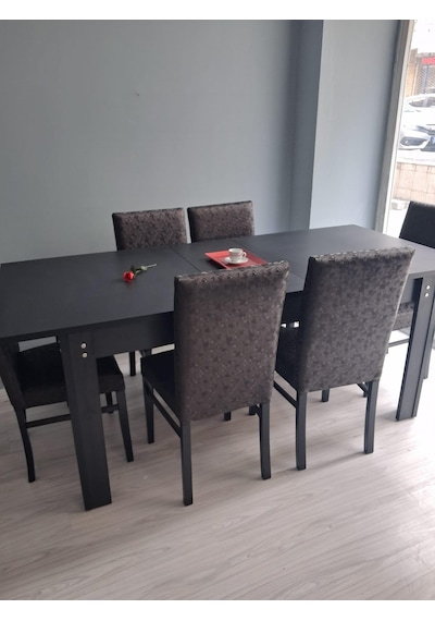 Masa Sandalye Sarmaşık 90657 Siyah Masa Suni Deri Döşeme 6 Adet Sandalye Siyah