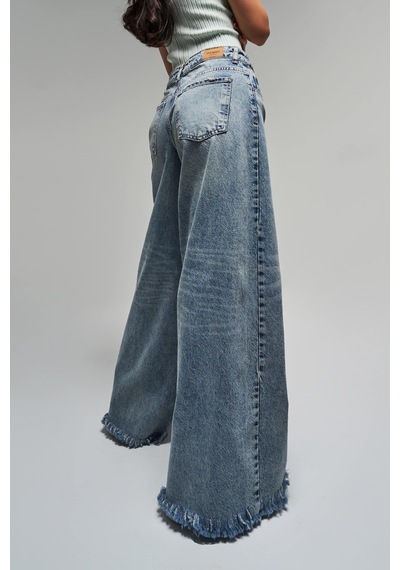 Itsbasic Kadın Kot Rengi 12s5-32 Palazzo Fit Paça Püsküllü %100 Koton Orta Bel Denim Jean Kot Rengi 12s5-84
