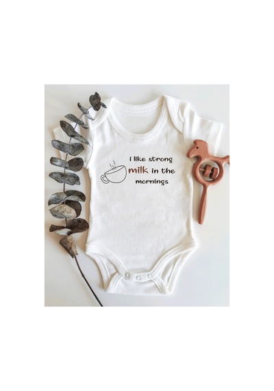 Babylimon I Like Strong Milk Kısa Kol Organik Bebek Body Beyaz - 134593815 Beyaz