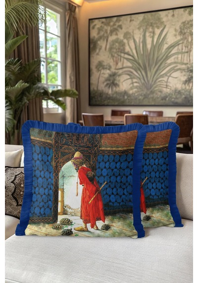 Osman Hamdi Bey Kaplumbağa Terbiyecisi Desenli Püsküllü Dekoratif Yastık - 45 X 45 Cm Renkli