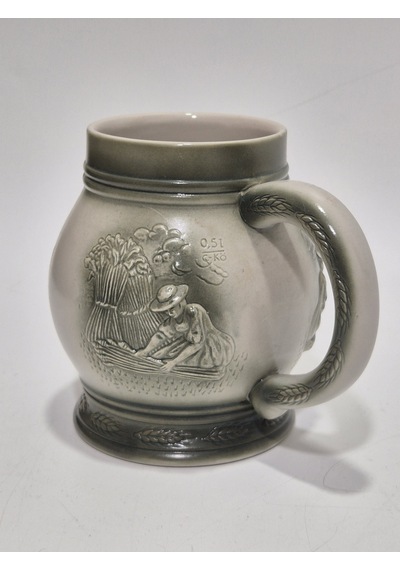 Vintage Tankart Hasat Zamanı Temalı Alman Seramik Bira Bardağı 13,5cm