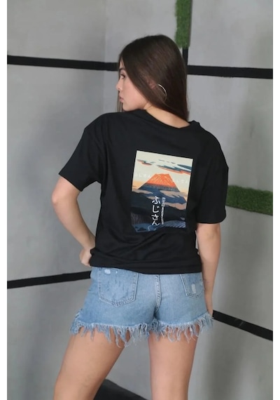 Assema Kadın Bisiklet Yaka Baskılı Kısa Kol Oversize T-shirt - Siyah Çok Renkli