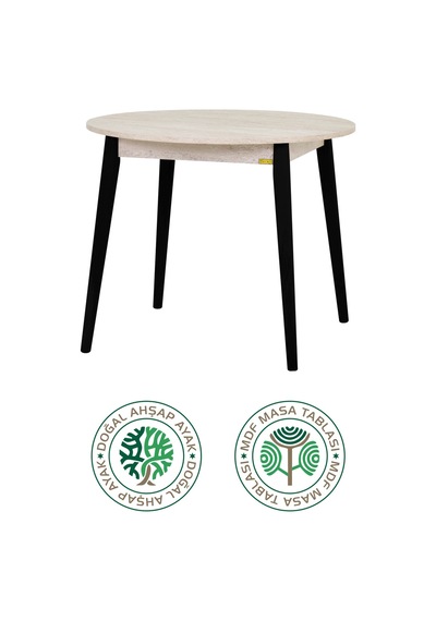 Vilinze Avanos Ahşap Siyah Ayak Yuvarlak Sabit Mdf Traverten Mutfak Masası - Q90 Cm