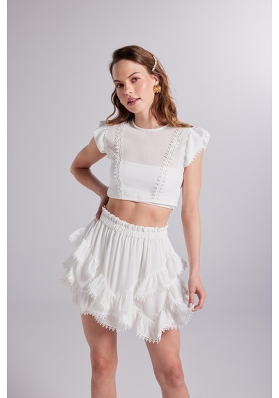 Holly Lolly Brode Detaylı Crop Pixie Bluz Beyaz