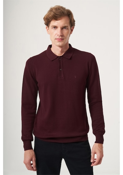 İmza Bordo Polo Yaka Uzun Kol Örme Comfort Fit Pamuklu Kazak 1012265150