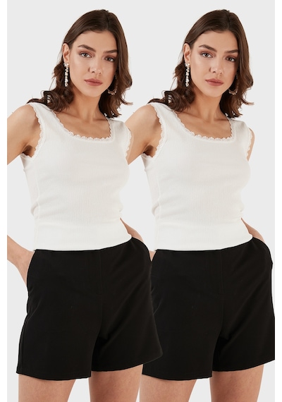 Lela Slim Fit Kalın Dantelli Kare Yaka Bürümcük 2'Li Paket Bayan Atlet 5864979S2 Ekru-Ekru