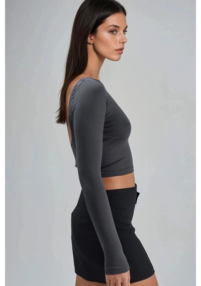 Hiccup Busem Sırt Dekolteli Slim Fit Kısa Bluz Koyu Gri