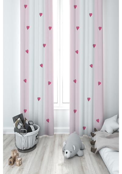 Mekta Home Bebek Ve Çocuk Odası Pembe Kalp Desenli 2 Kanat Fon Perde