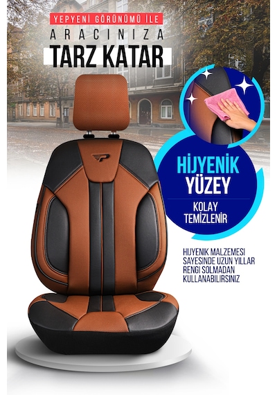 Panda Carlone Serisi Ful Deri Oto Koltuk Kılıfı - Tam Set Taba - Siyah
