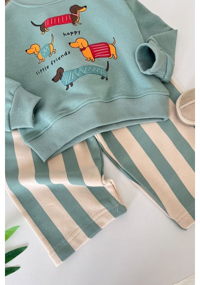 Minigimin Cicileri Sevimli Köpek Baskılı Sweatshirt Çizgili Bol Paça Kız Çocuk 2 Li Takım - Mint Diğer