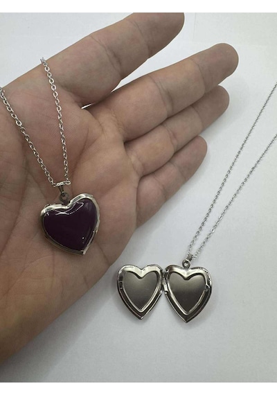 Vişne Çürüğü Renk Açılabilir Kapaklı Kalp Kolye Resim Kolyesi 55 Cm Zincirli, Metal Resimlik Kolye Çok renkli