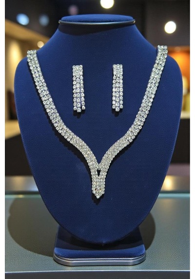 Valmont Accessories Zarif Su Yolu Kolye Ve Küpe Takı Seti - Düğün, Kına, Nişan, Gelin Aksesuarı Gümüş