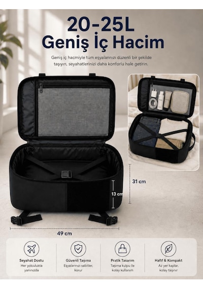 Classone Xyz Serisi Tr-100 Kabin Boy ,uçak İçi , Ergonomik, Laptop Ve Tablet Bölmeli, Seyahat, Valiz, 15 -18 İnch Uyumlu Notebook, Laptop Sırt Çantası Siyah