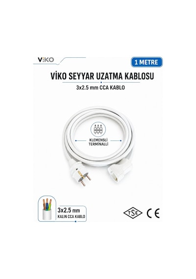 Viko Seyyar Uzatma Kablosu 1 Metre 3x2.5 Mm Cca Kablo Viko Erkek Dişi Fiş Klemensli Terminalli Topraklı Tse Ce Belgeli 1 M