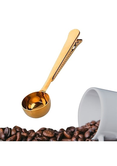 Mandallı Gold Kahve Ölçü Kaşığı Paslanmaz Çelik Açık Ahşap