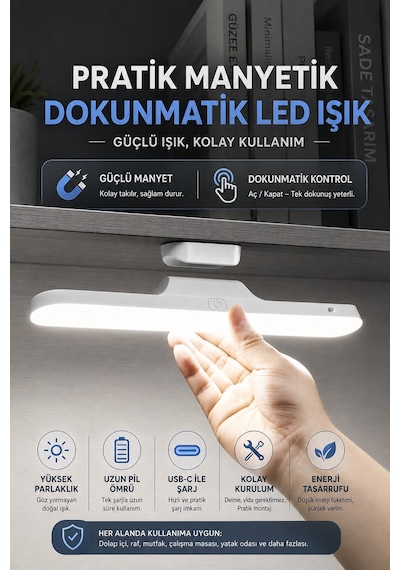 3 Modlu Şarjlı Manyetik Tezgah Altı Lamba Aplik Parlaklık Işık Rengi Ayarlanabilir 28 Cm 1613 Beyaz