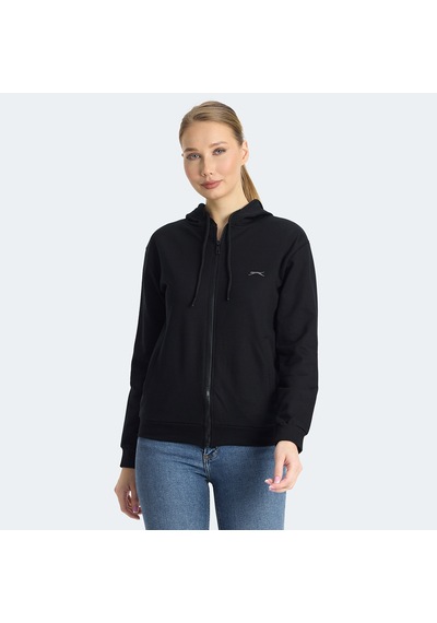 Slazenger KINET Kadın Fermuarlı Kapüşonlu Cepli Siyah Sweatshirt